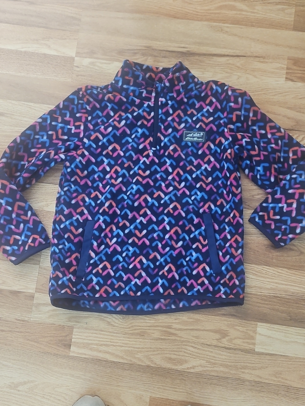 Eddie Bauer Navy Fleece Pullover with Pink, Blue Orange Pattern Girls Size 10/12